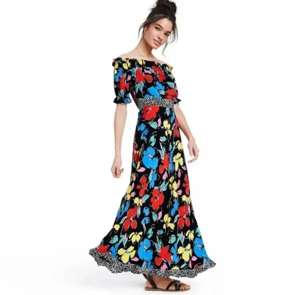 Rixo Target Floral Off Shoulder Puff Sleeve Dress Black Multicolor - Picture 1 of 8